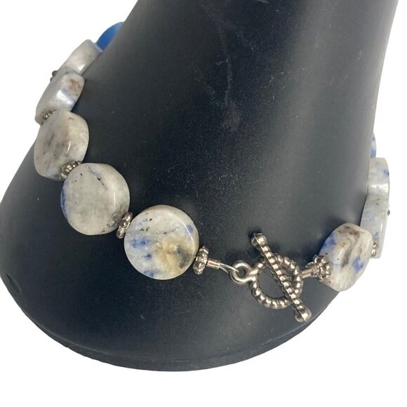 Beaded Bracelet With Marbled Blue Gray Disc Stones Silver Tone Toggle Clasp - Picture 2 of 7